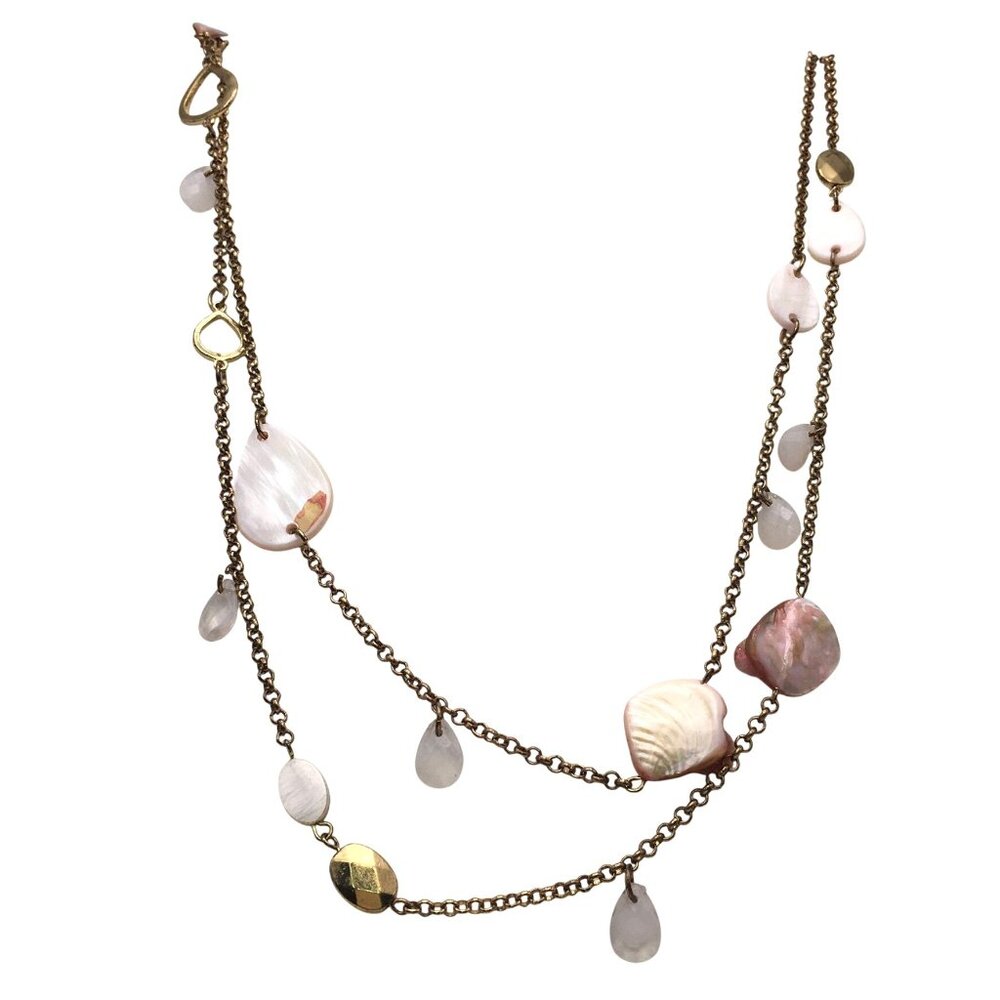 Long Layered Boho Necklace Pink Dyed Shell Gold Tone Chain Multi-strand